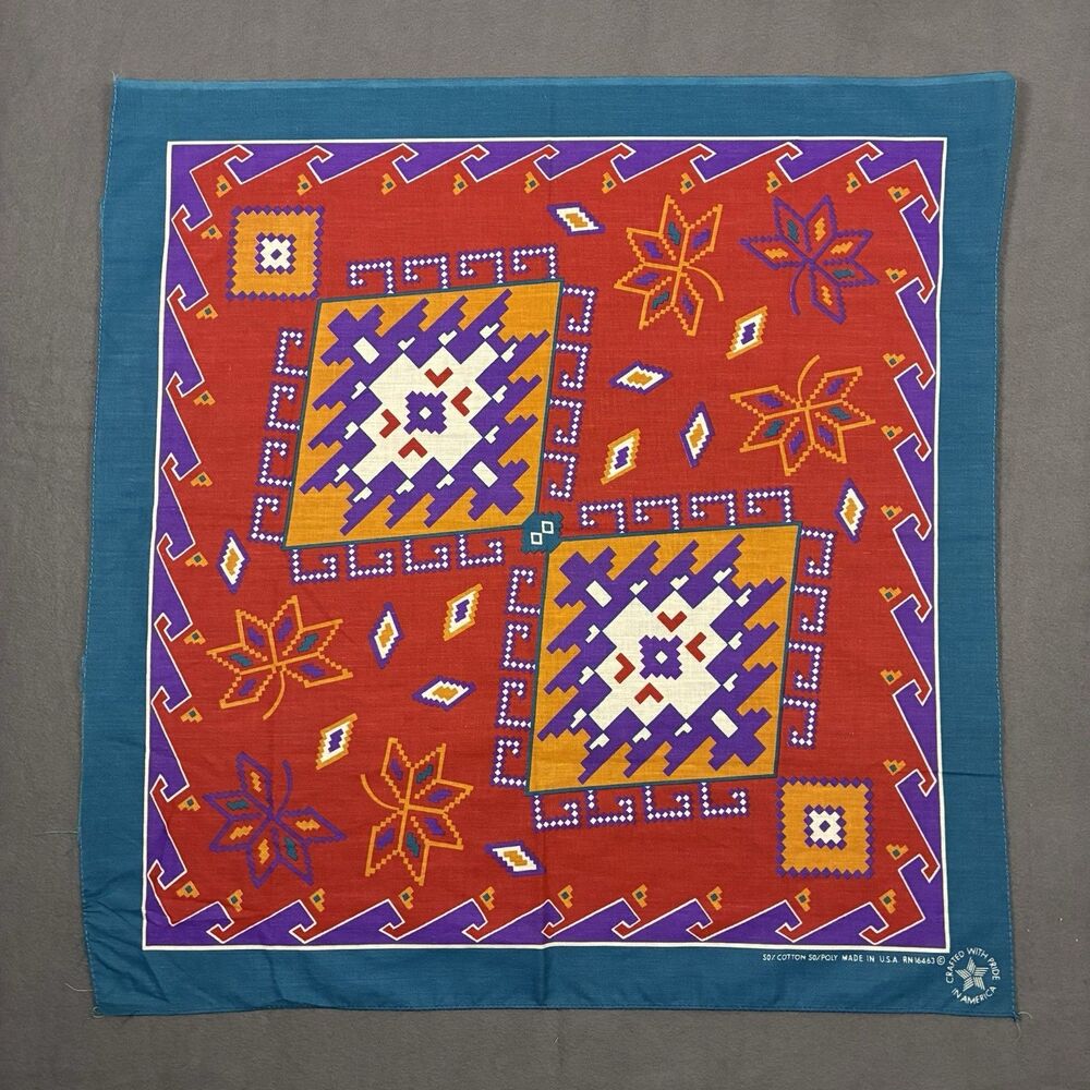 Vintage Wamcraft Aztec Pattern Bandana Red Made in USA Geometric Southwest 1990s